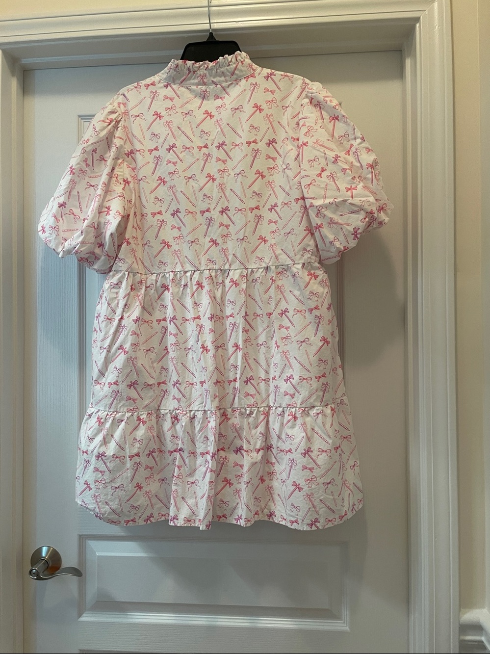 Women's White and Pink Tiered Cotton Dress -Teacher Dress - Picture 3 of 6